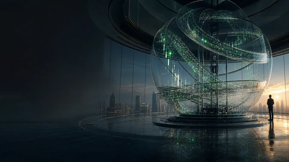 A monumental glass liquidity observatory overlooking global financial markets