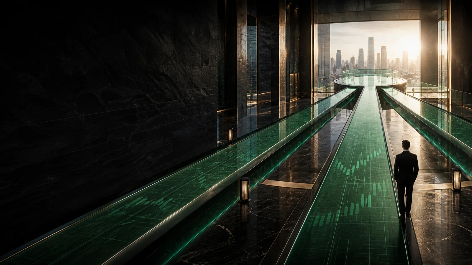Three illuminated capital pathways converging inside an institutional financial chamber